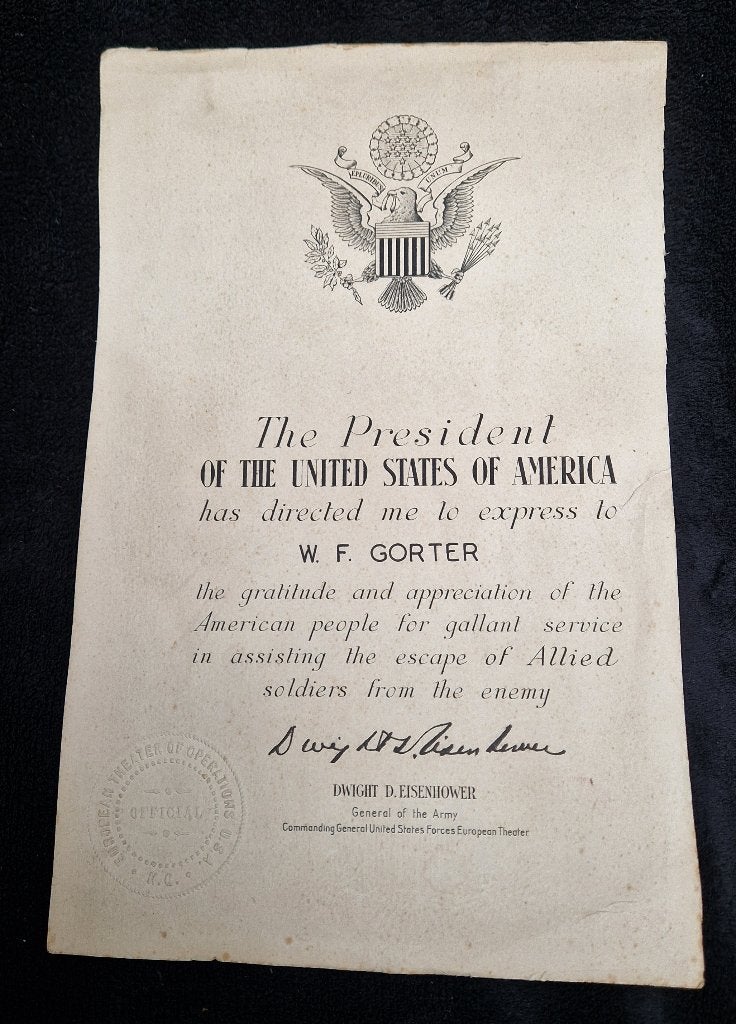 Document D Eisenhower Gallant service escape ALLIED SOLDIERS, Ophalen of Verzenden, Landmacht, Amerika, Overige typen