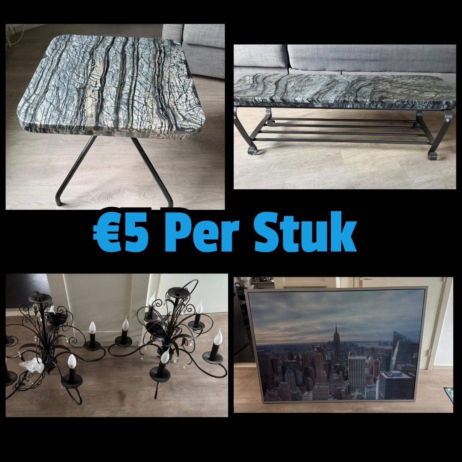 Salontafel met marmerlook blad €5 per stuk ook kroonluchters, Ophalen, 100 tot 150 cm, Modern, Industrieel, 50 tot 100 cm