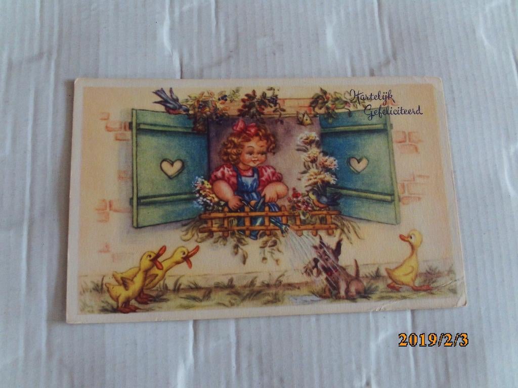 oude kinderkaart meisje met gieter hartelijk gefeliciteerd, Ophalen of Verzenden, 1960 tot 1980, Ongelopen, Kinderen