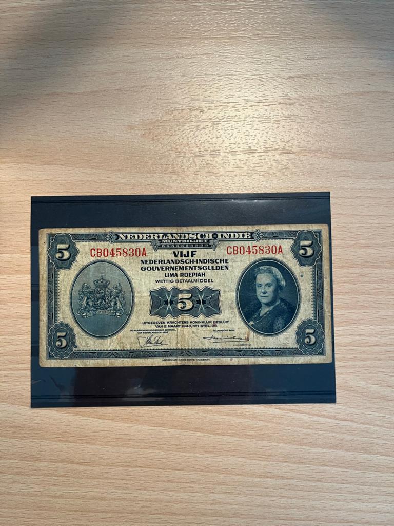 Biljet vijf gulden Nederlands-Indië 1943, Ophalen of Verzenden, 5 gulden, Los biljet