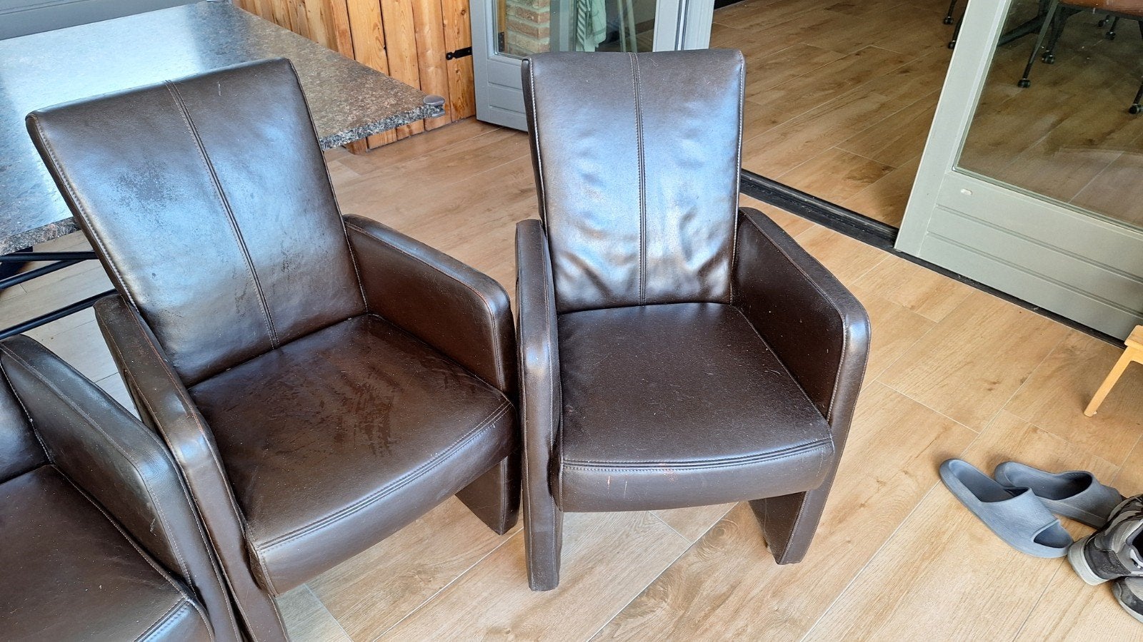Set van 6 bruine leren eetkamerstoelen, Gebruikt, Bruin, Leer, Ophalen of Verzenden