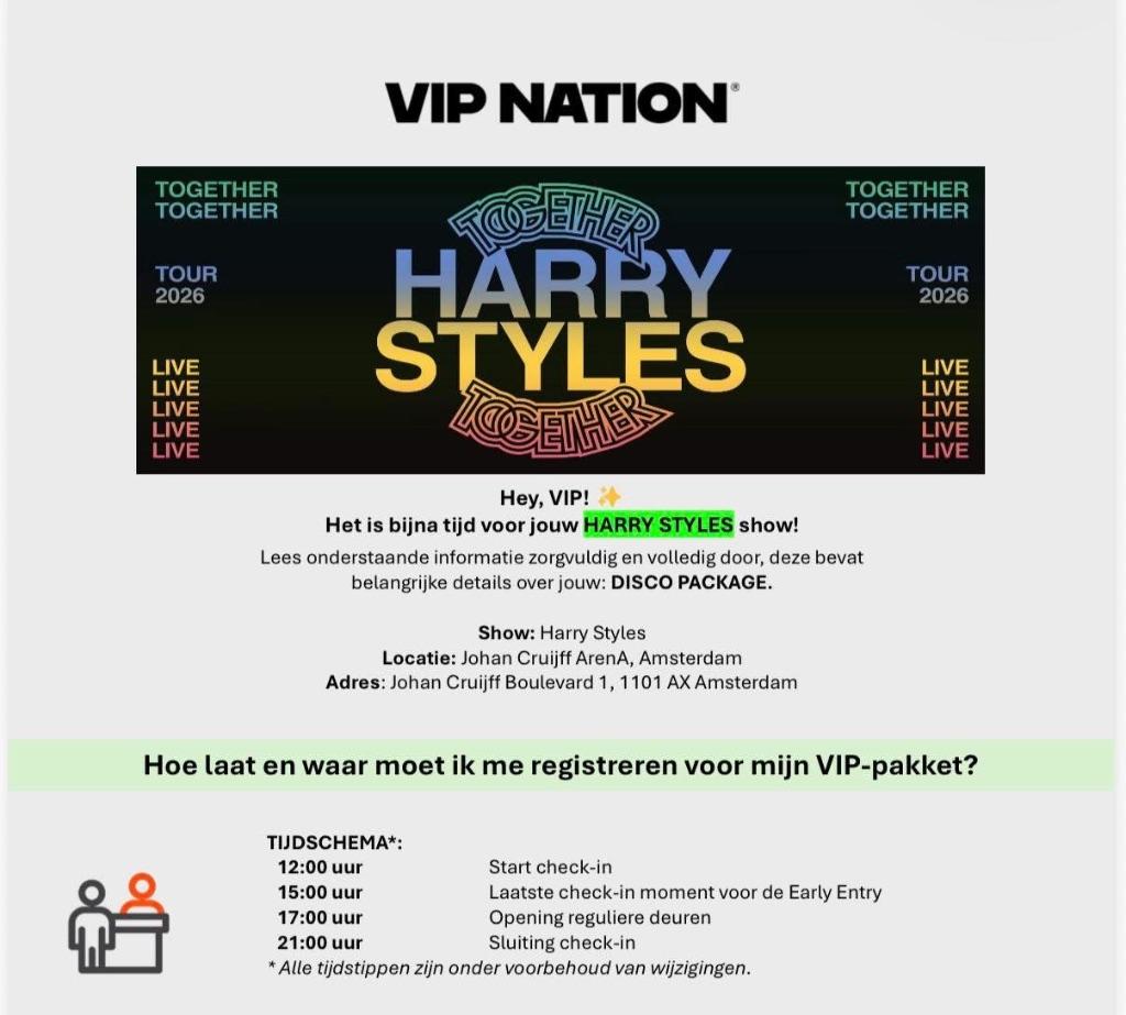 4x Harry Styles VIP early entry kaarten voor vrijdag 22 mei, Drie personen of meer, Mei