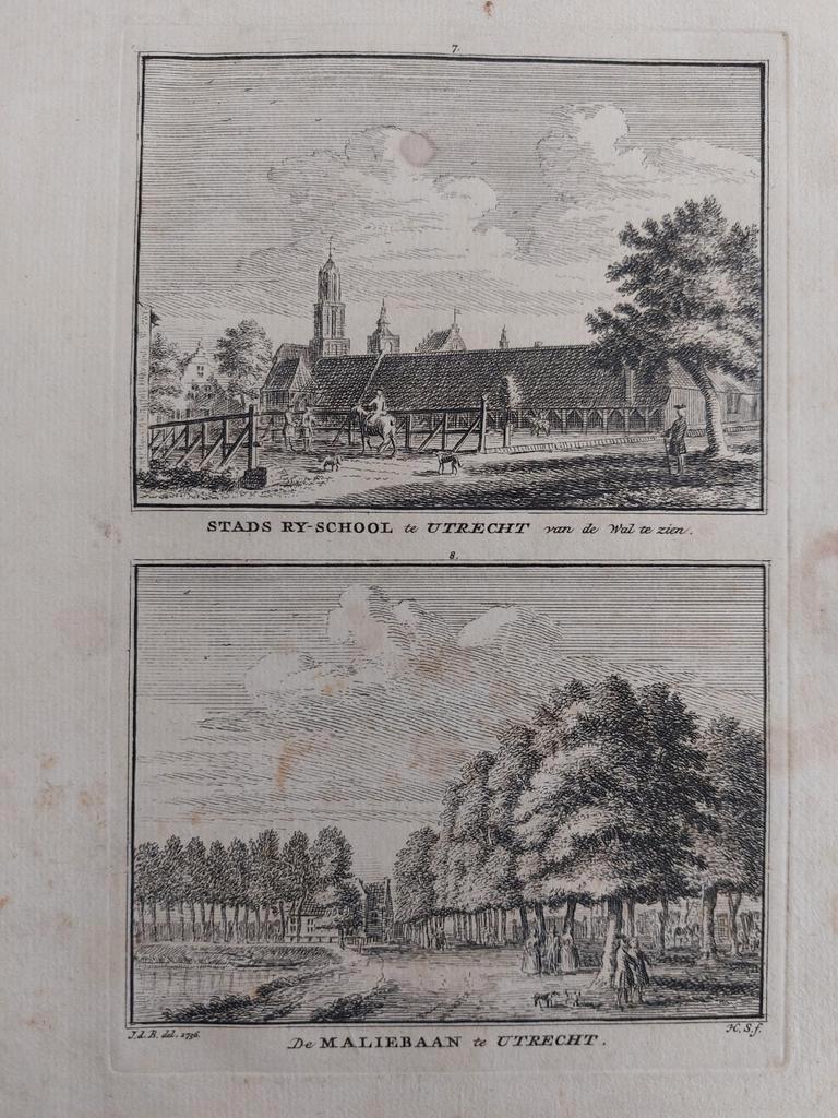 7-8 / Stads Ry-school en Maliebaan  Utrecht Kopergravure, Ophalen of Verzenden