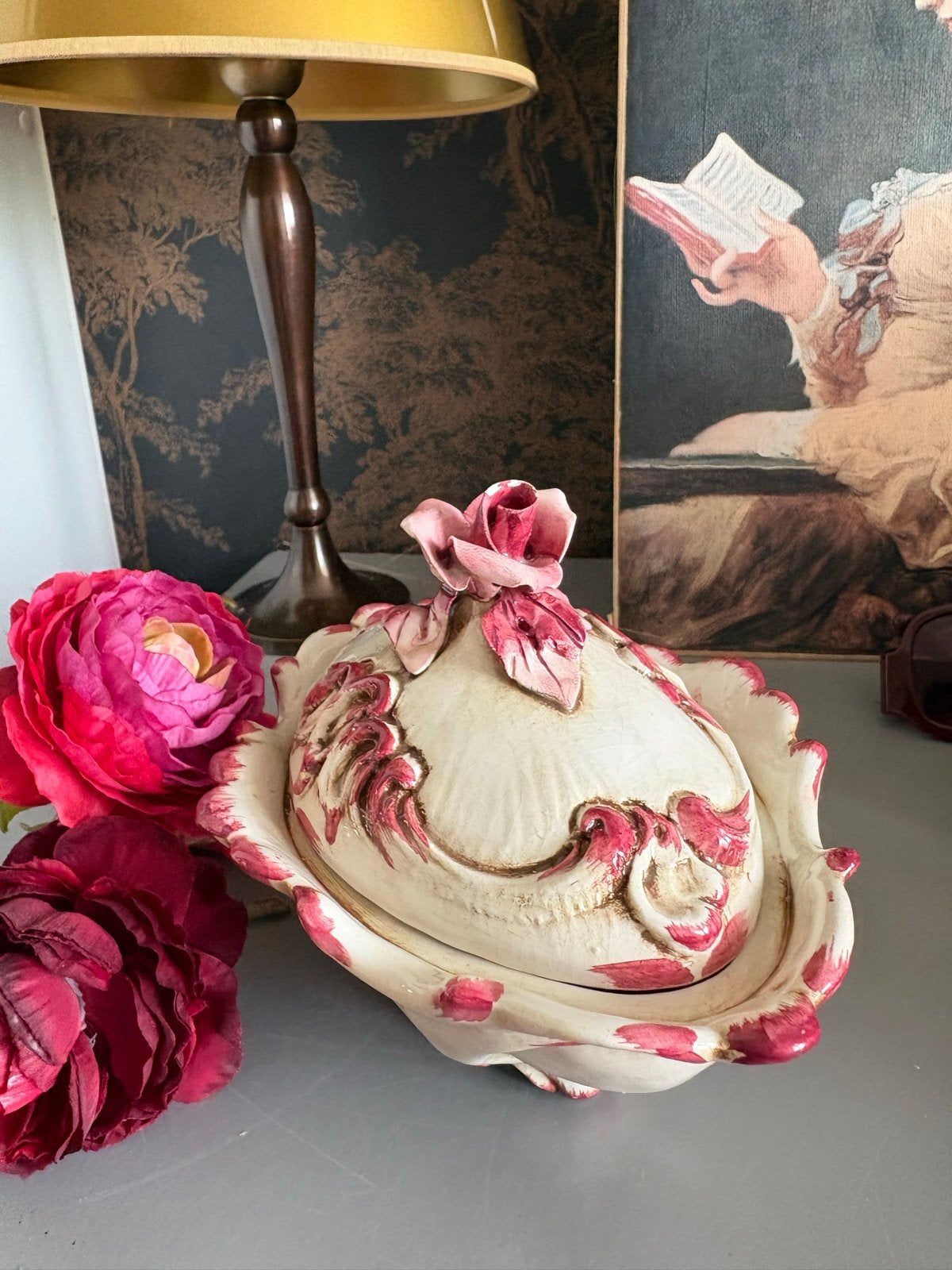 Vintage Val del Brenta Italia Keramiek Rozen Bonbonnière, Antiek en Kunst, Antiek | Keramiek en Aardewerk, Ophalen of Verzenden