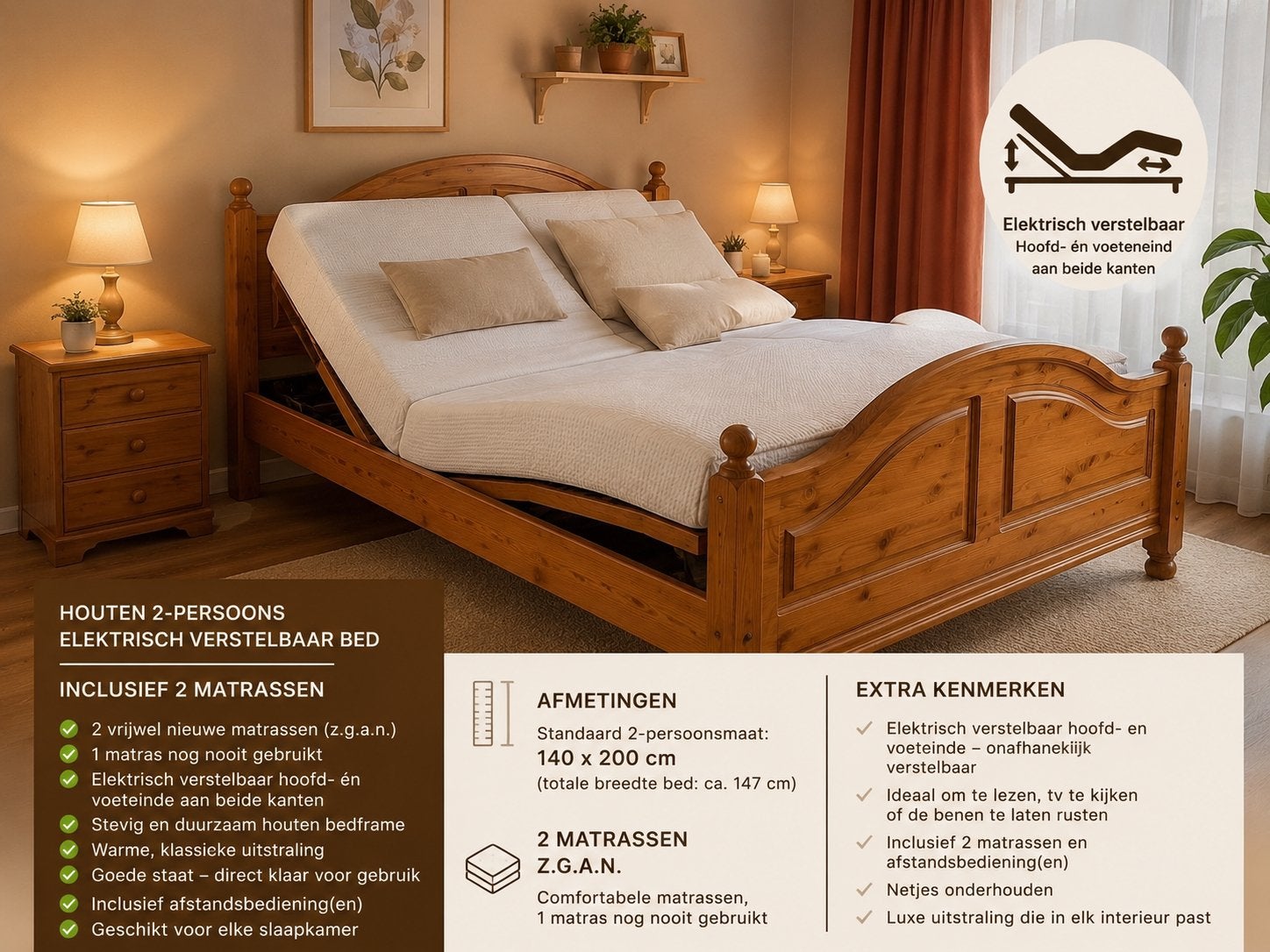 Elektrisch verstelbaar houten 2-persoons bed 140x200, Huis en Inrichting, Slaapkamer | Complete slaapkamers, Ophalen, Gebruikt