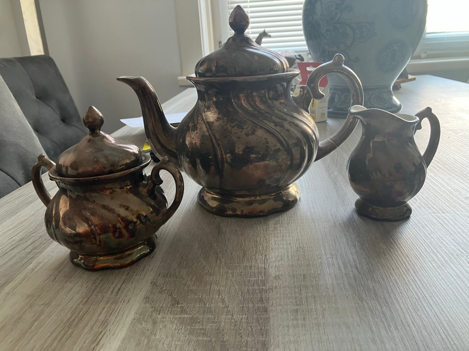 Antieke verzilverde theeset (theepot, suikerpot, melkkan), Ophalen of Verzenden