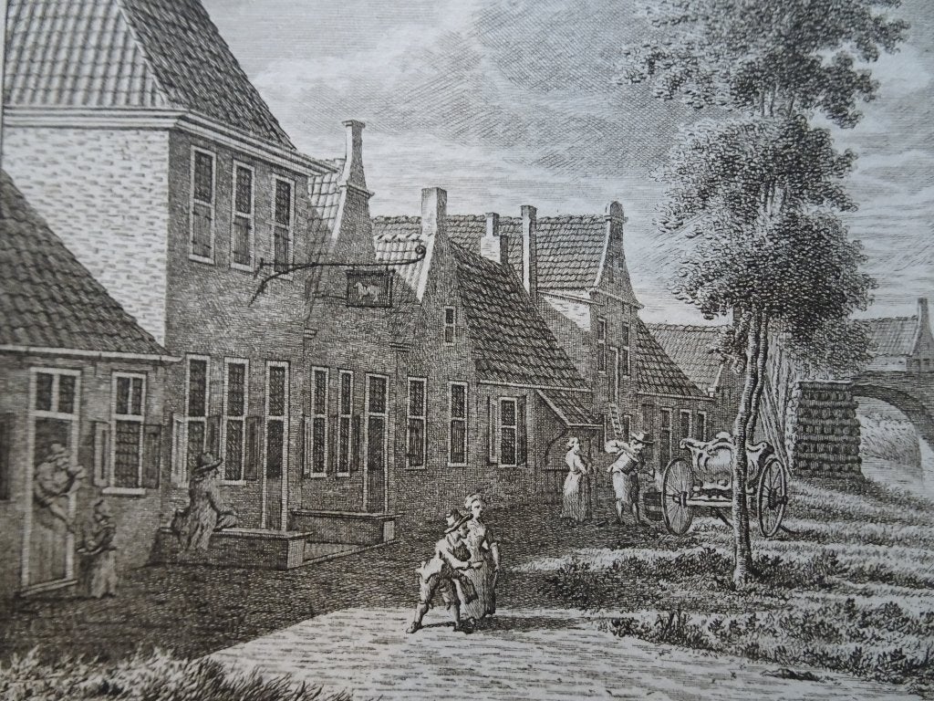 gravure plassende man in Winsum Friesland, Bendorp 1793, Verzenden, Stadsgezicht, Gravure, Origineel