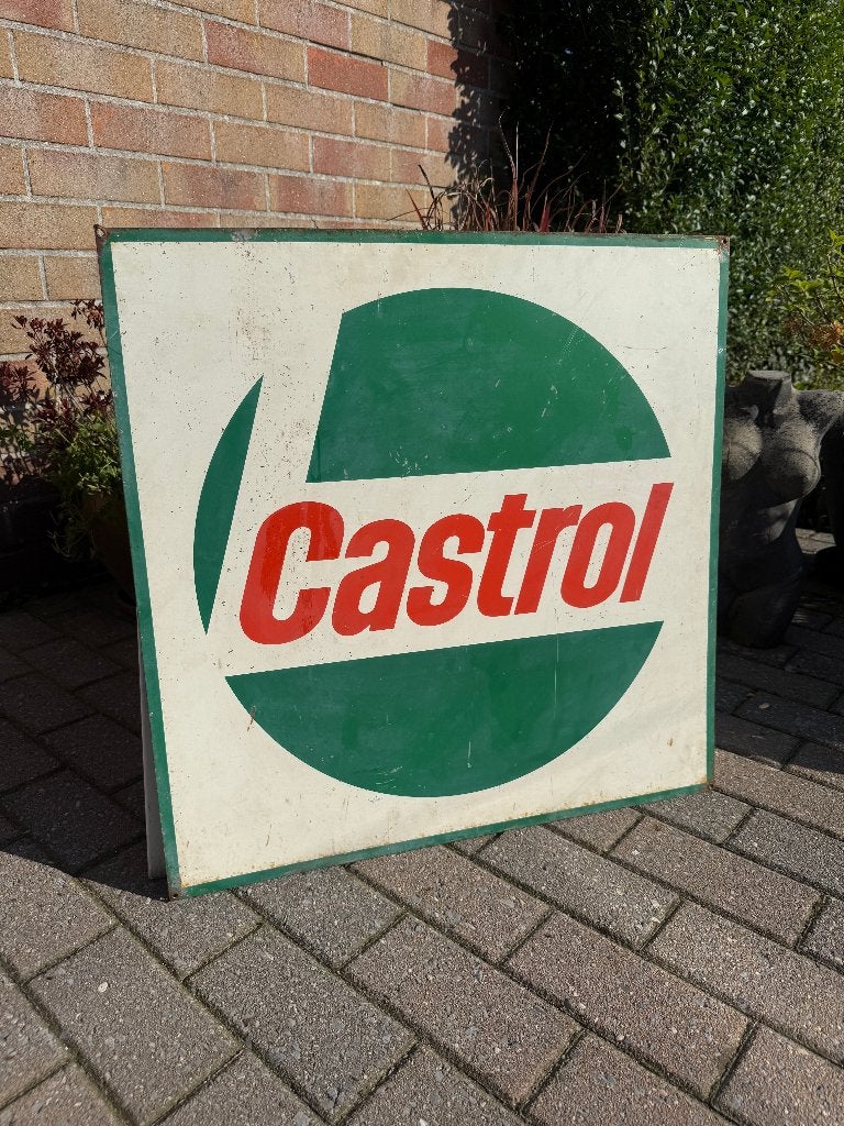 Castrol dubbelzijdig blikken reclamebord (geen emaille), Ophalen, Gebruikt, Reclamebord