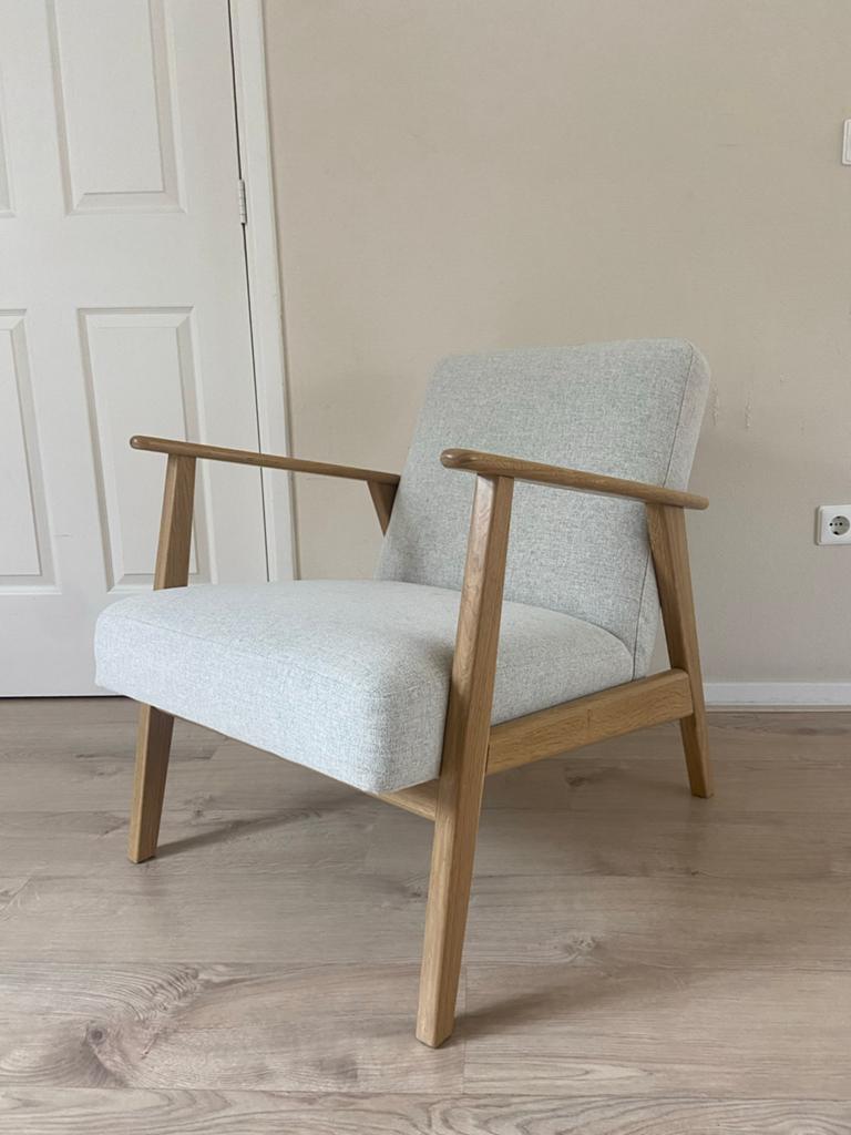 Ekenaset fauteuil beige stof. eikenhout - zo goed als nieuw, Ophalen, 75 tot 100 cm, Zo goed als nieuw, Stof