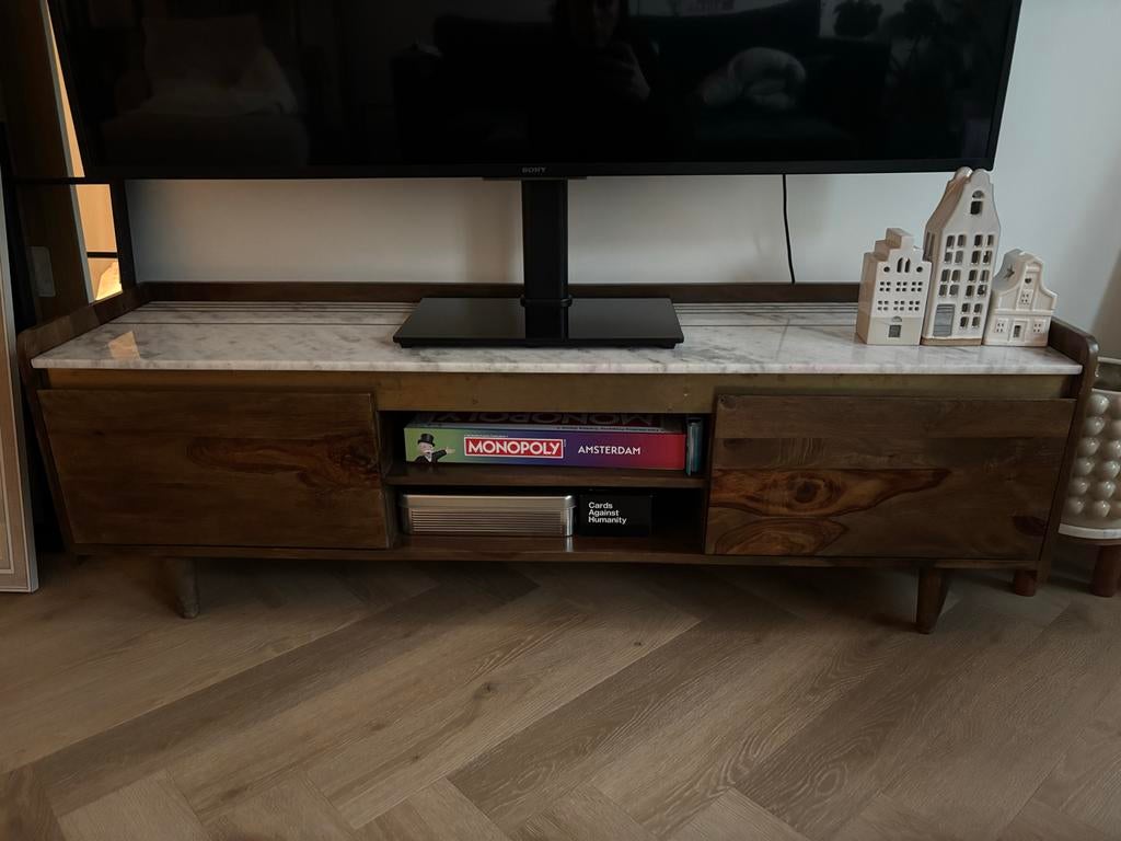 Mid-century console met marmeren blad en opbergruimte, Huis en Inrichting, Kasten | Televisiemeubels, Ophalen, Gebruikt, 100 tot 150 cm