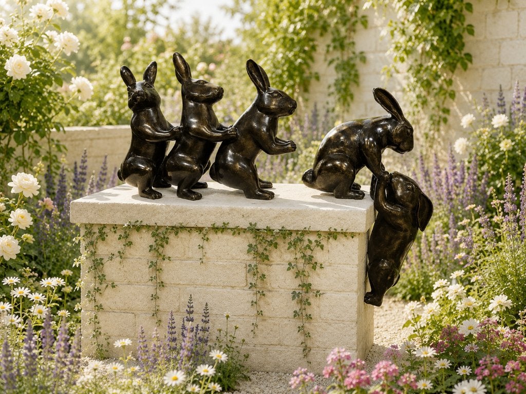 3 HAZEN IN POLONAISE / bronzen beeld, Dierenbeeld, Nieuw, Info@huisentuindecoratiemarie.nl, Huis en tuin decoratie marie