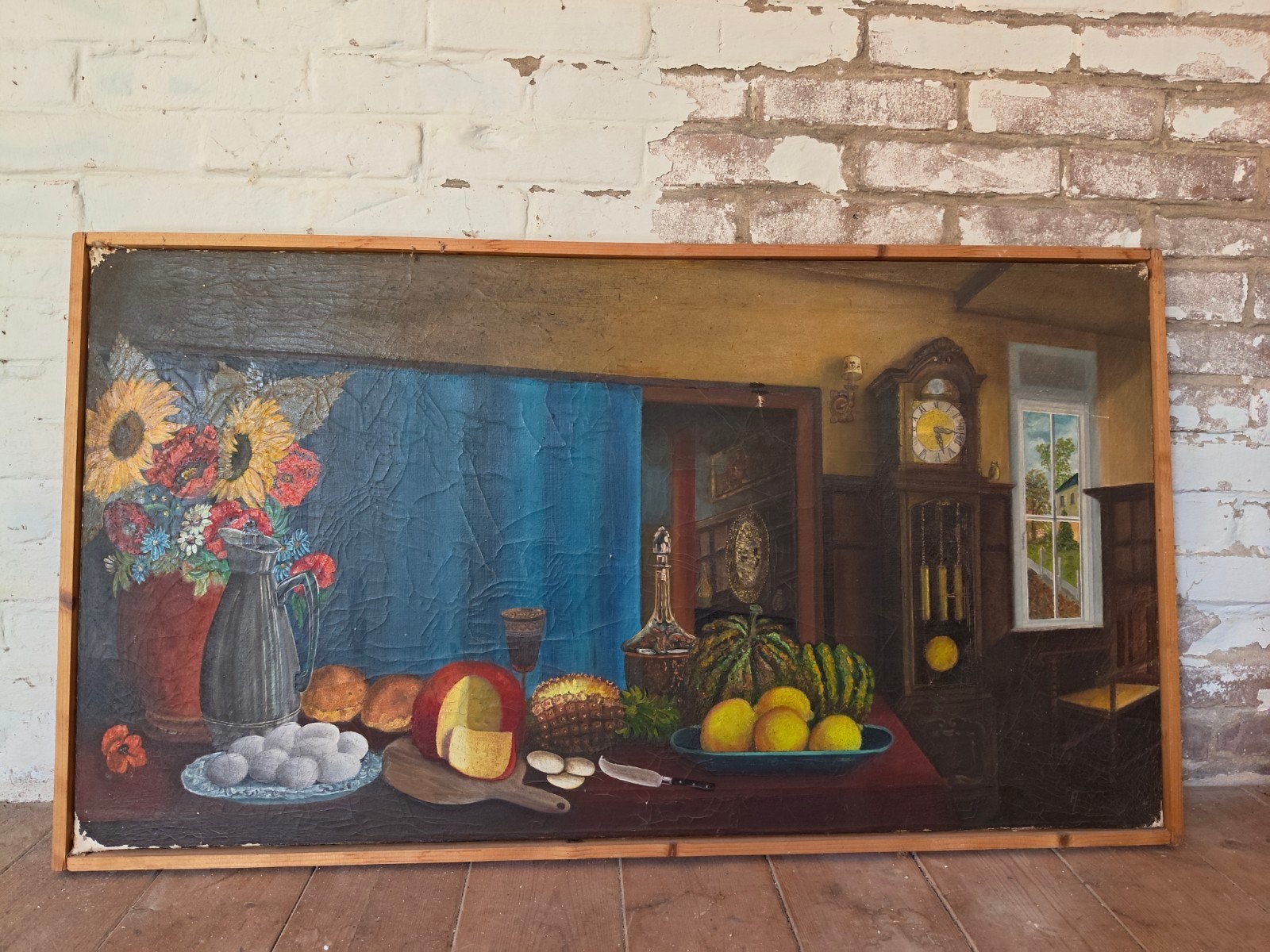 Groot stilleven met bloemen, fruit en klok, Antiek en Kunst, Doek, Realistisch, Origineel werk, Stilleven