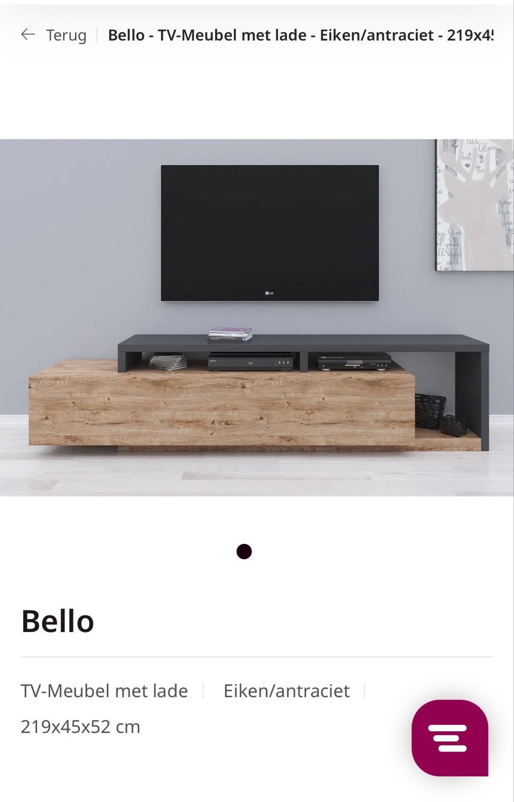 Meubella TV-Meubel met lade - Eiken/antraciet, Ophalen, Eikenhout, Zo goed als nieuw, 200 cm of meer
