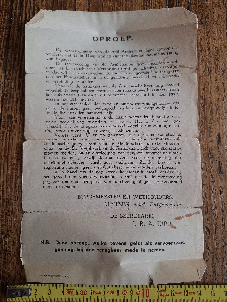 Oproep  Wederopbouw van Arnhem en terugkeer in huis 07-1945, Ophalen of Verzenden, Gelezen
