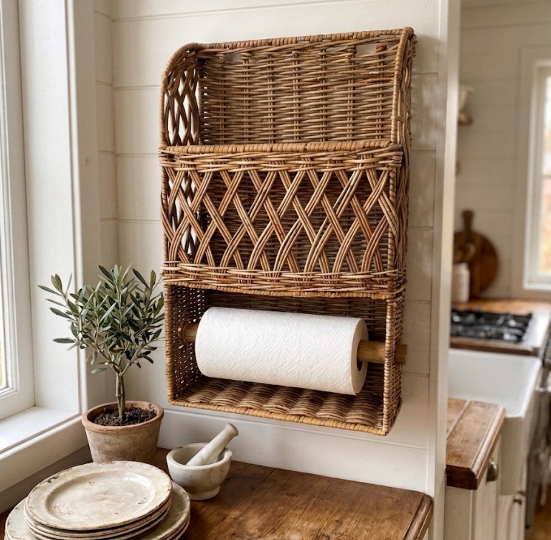 Riviera Maison rotan wandrek keukenrol houder, Vintage, Ophalen of Verzenden, Zo goed als nieuw, Natuurlijk materiaal