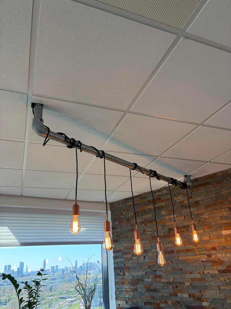 Industriële Plafondlamp met 6 Hanglampen - Metaal, Ophalen, Zo goed als nieuw, Metaal