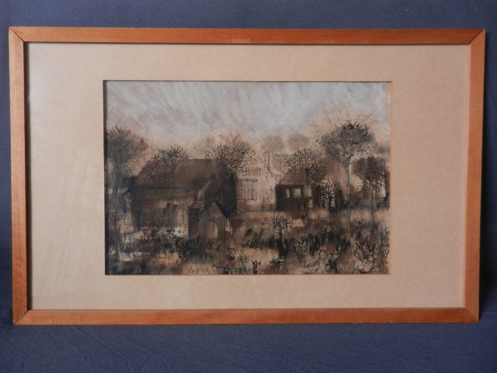 Aquarel Wim Hendriks Landschap m huizen Wieringen 1967 25x38, Ophalen of Verzenden, Schilderij, Aquarel, Handgemaakt