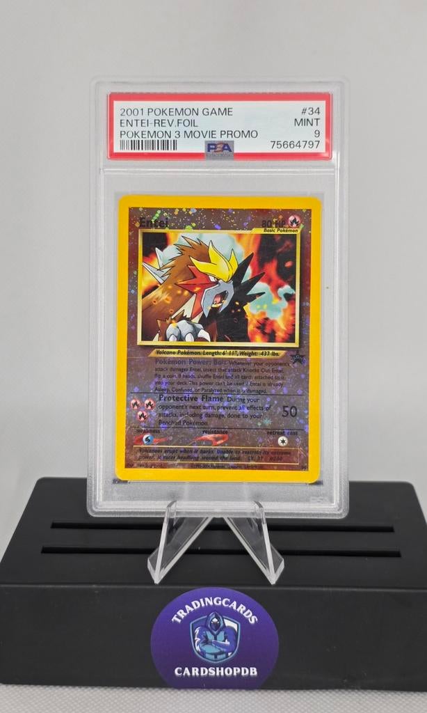 Entei Movie Promo #34 PSA 9 - Pokémon Kaart, Ophalen of Verzenden, Zo goed als nieuw, Losse kaart, Foil