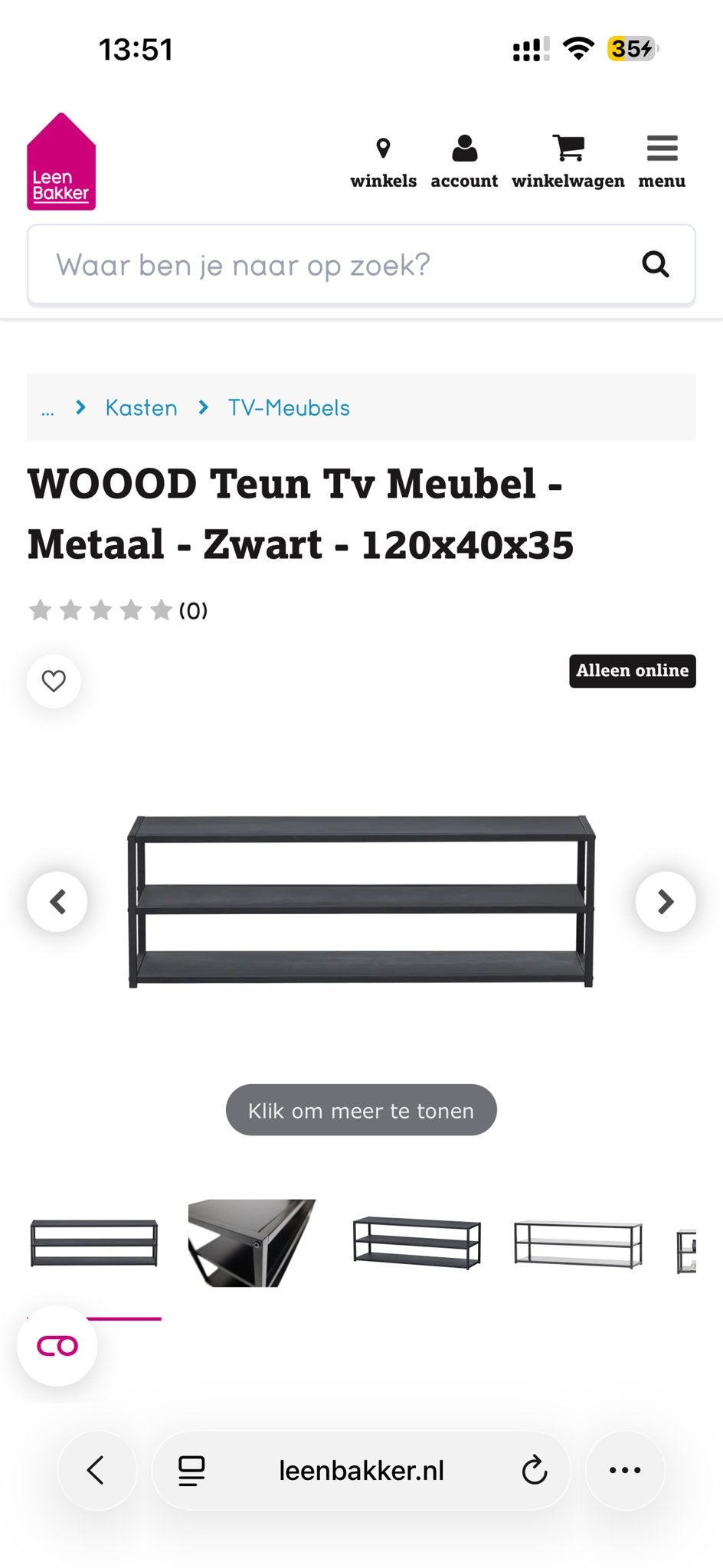 WOOOD Teun TV Meubel Zwart 120x40x35, Huis en Inrichting, Ophalen, 100 tot 150 cm, Zo goed als nieuw, Minder dan 100 cm