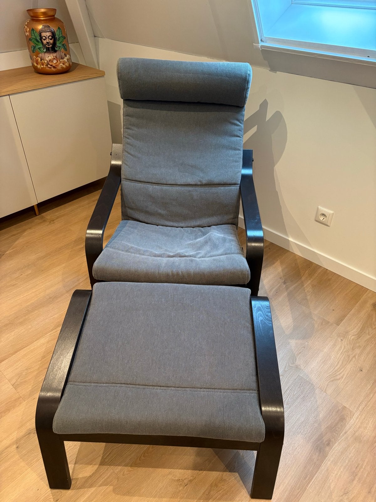 IKEA Poäng fauteuil met voetenbank - Grijs/Zwart, Ophalen, Gebruikt, Hout, Eén