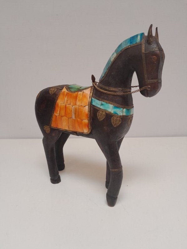 Set van 4 handgemaakte vintage houten paarden, Hout, Boho, Ophalen of Verzenden, Zo goed als nieuw