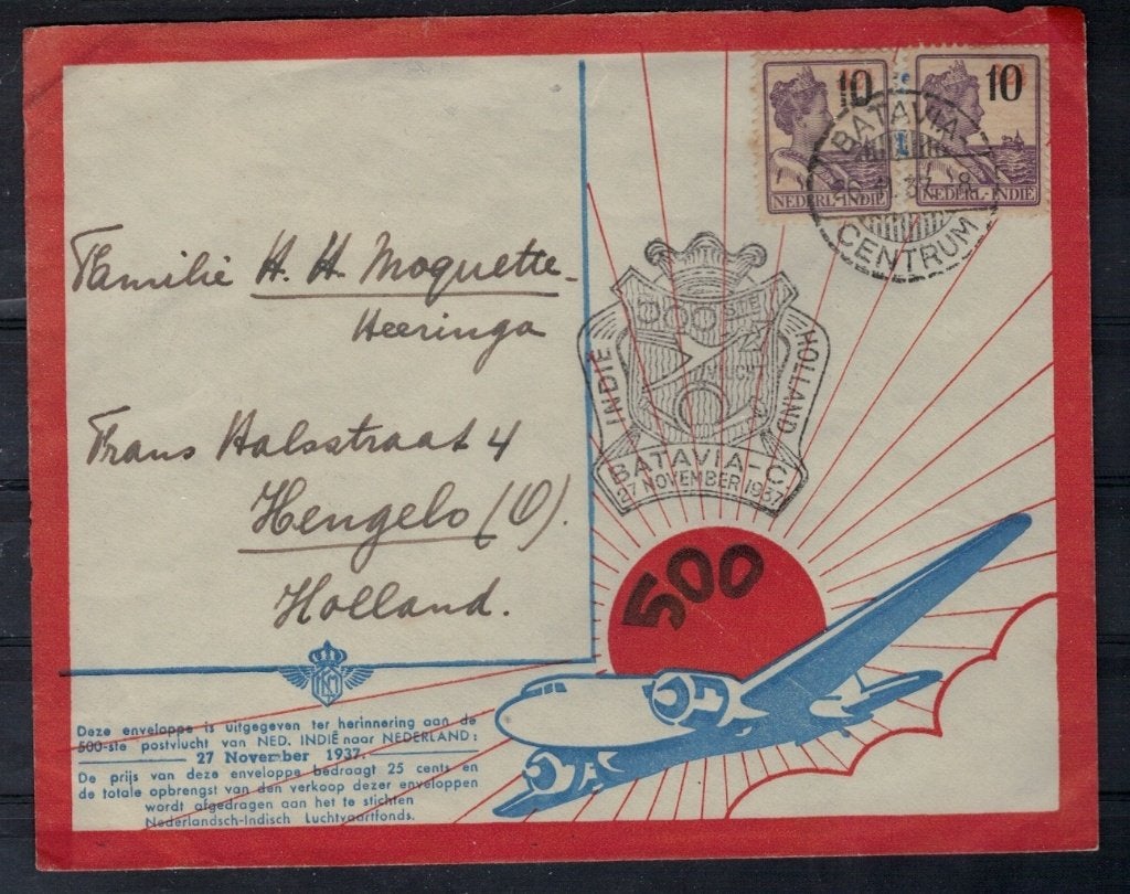 F114 Ned.Indie KLM vlucht naar Nederland, Verzenden, Gestempeld, Nederlands-Indië