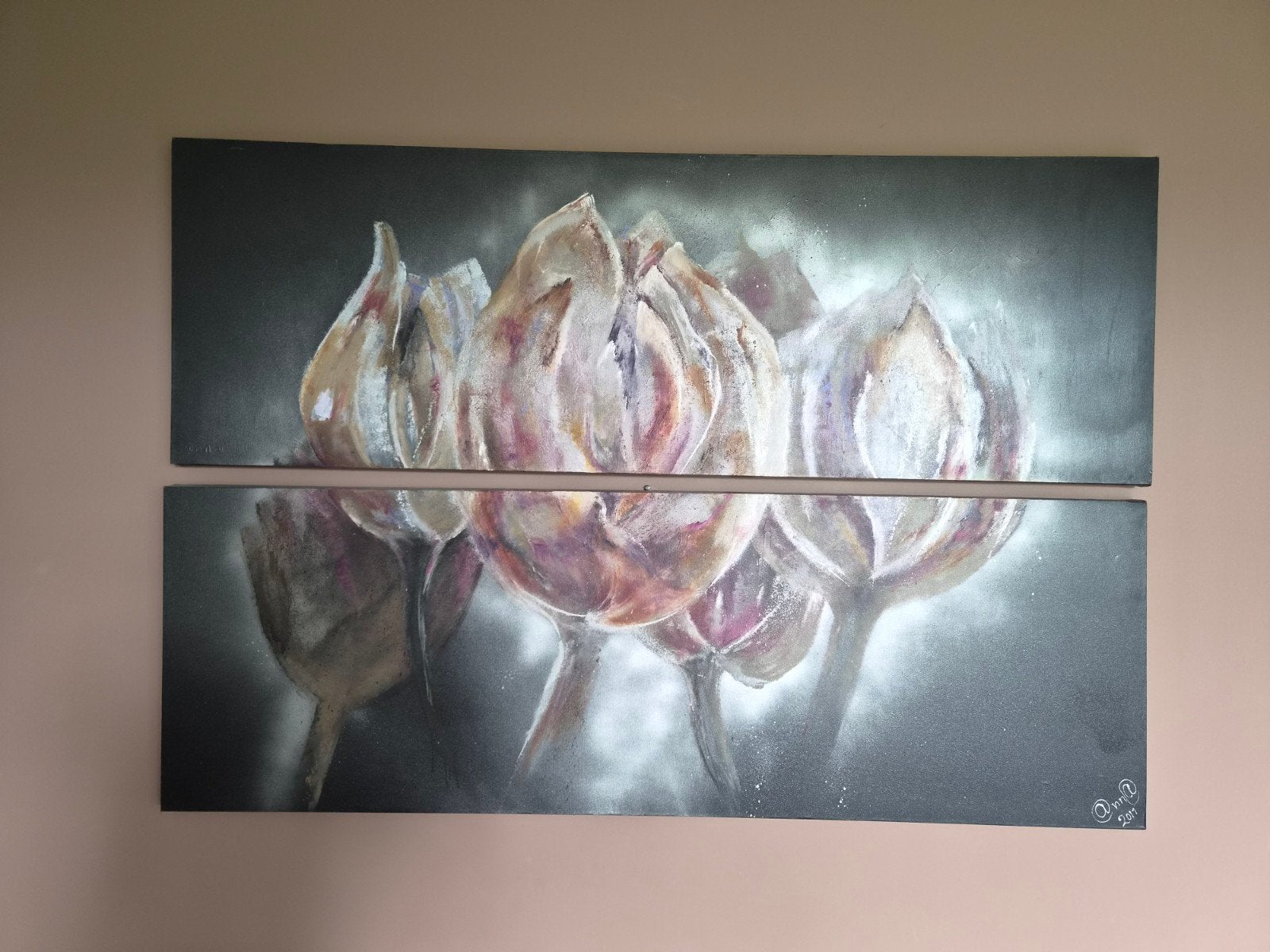 Groot 2-luik schilderij met bloemen, 2 x 150x50 cm, Ophalen, Op houten frame, Bloemen