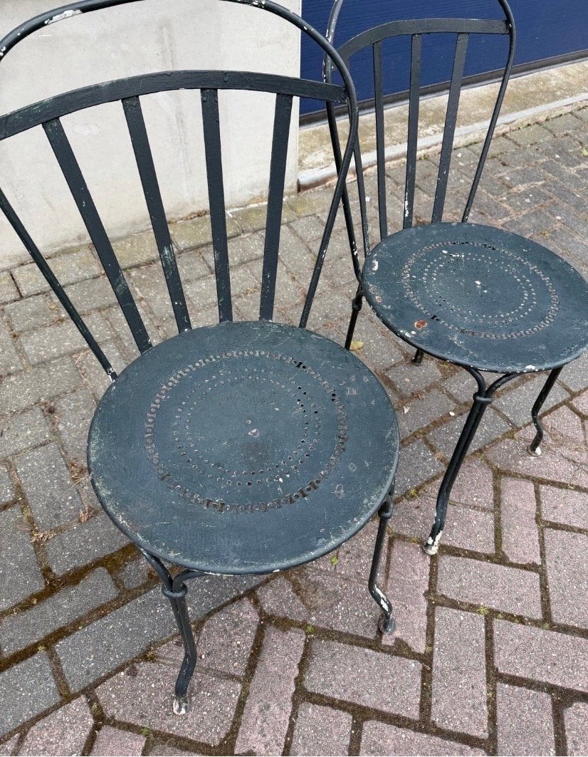 Set van 2 vintage smeedijzeren tuinstoelen, Ophalen of Verzenden