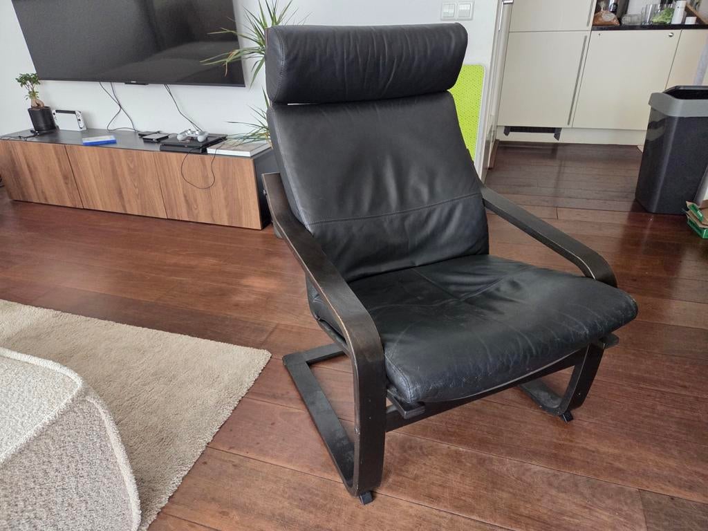 Zwarte leren fauteuil (Ikea POÄNG), Ophalen, Modern, Comfortabel, Gebruikt, Zwart