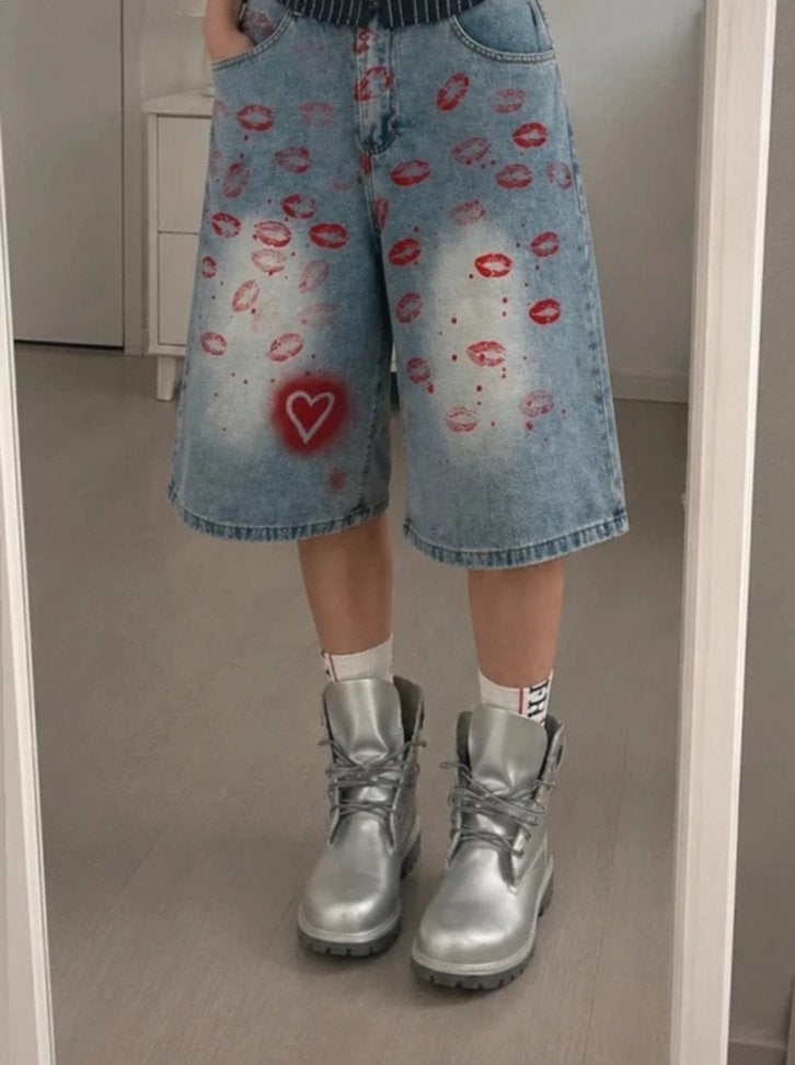 Short en Jean baggy kiss print y2k streetwear, Kort, Maat 42/44 (L), Zo goed als nieuw, Verzenden