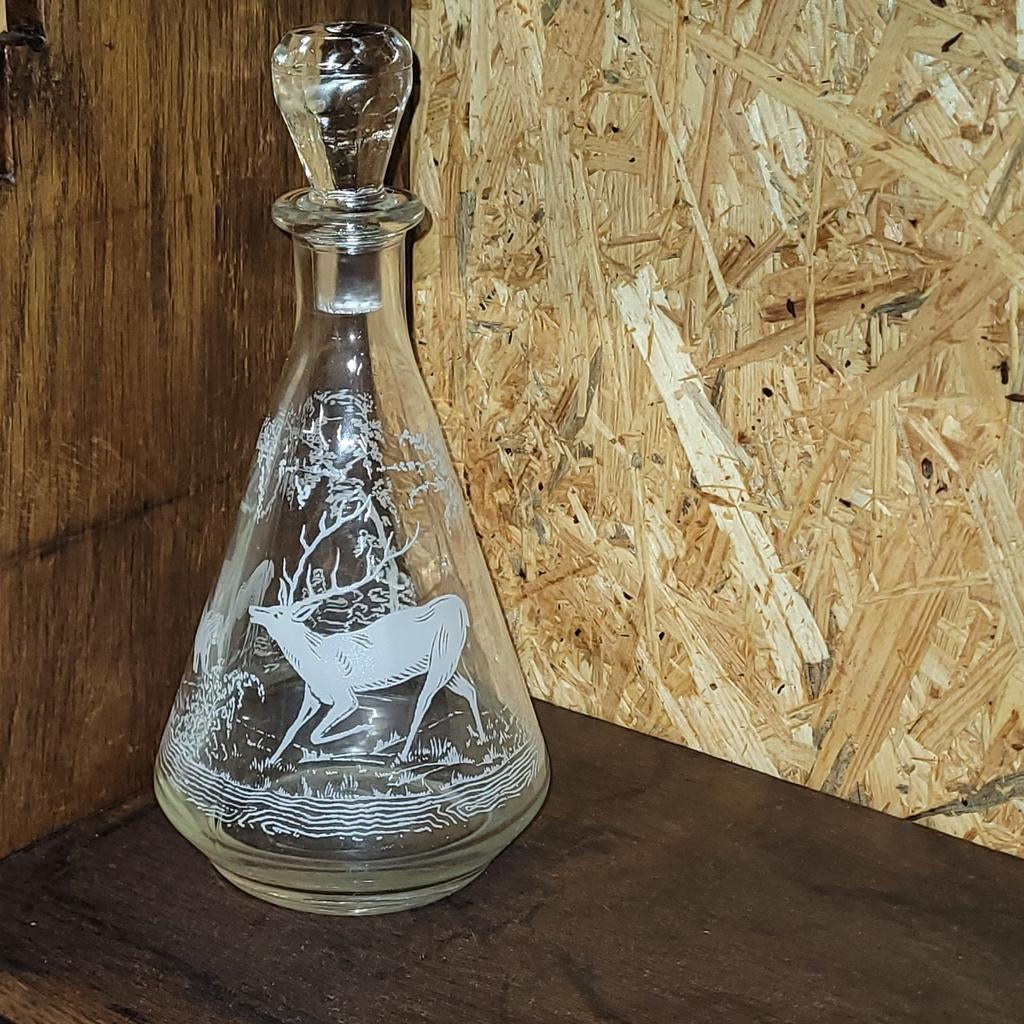 Vintage Gazelle Deer Etched Flask Beaker Decanter Clear Glas, Ophalen of Verzenden