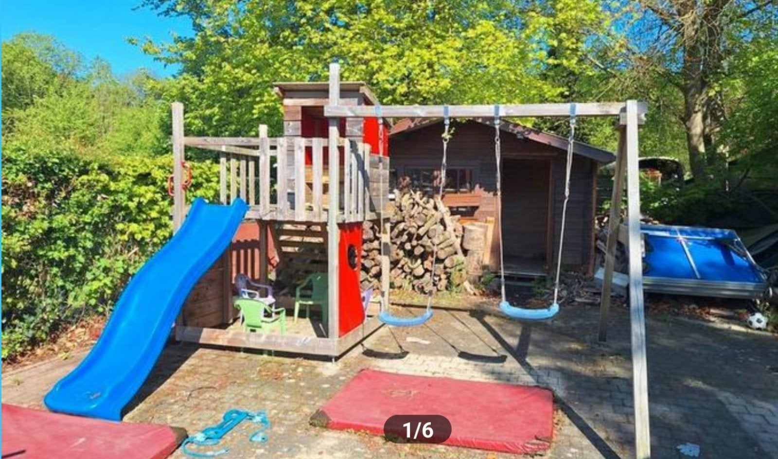 Houten speeltoestel met glijbaan en schommels, Kinderen en Baby's, Speelgoed | Buiten | Speeltoestellen, Ophalen, Gebruikt, Schommel
