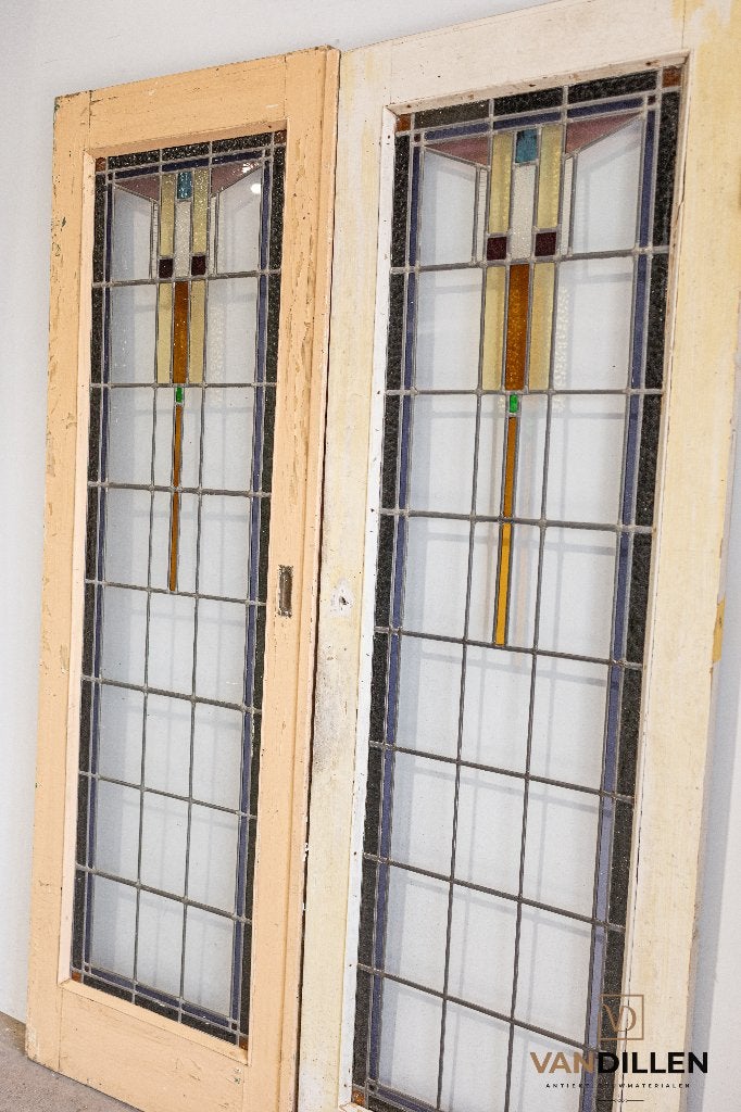 Oude set glas in lood deuren met heel mooi motief, 120 cm of meer, Binnendeur, Ophalen of Verzenden, 200 tot 215 cm