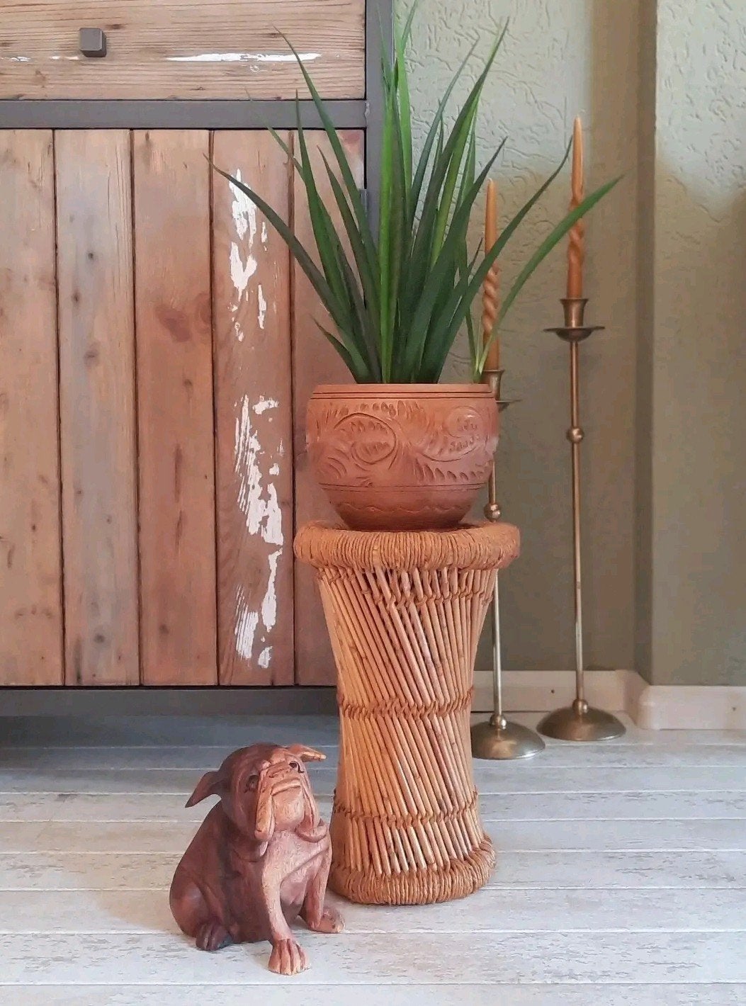 rotan/bamboe met jutte plantentafeltje of krukje, Ophalen of Verzenden, Gebruikt