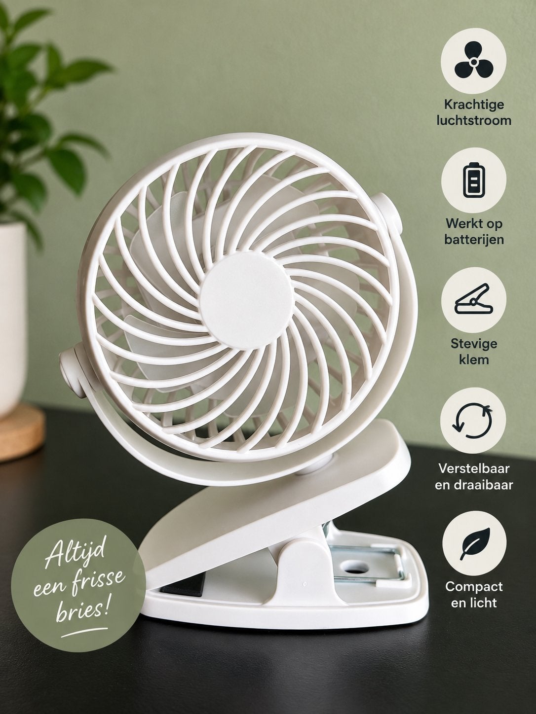 Mini ventilator met klem – verstelbaar – wit, Ophalen of Verzenden, Zo goed als nieuw, Tafelventilator