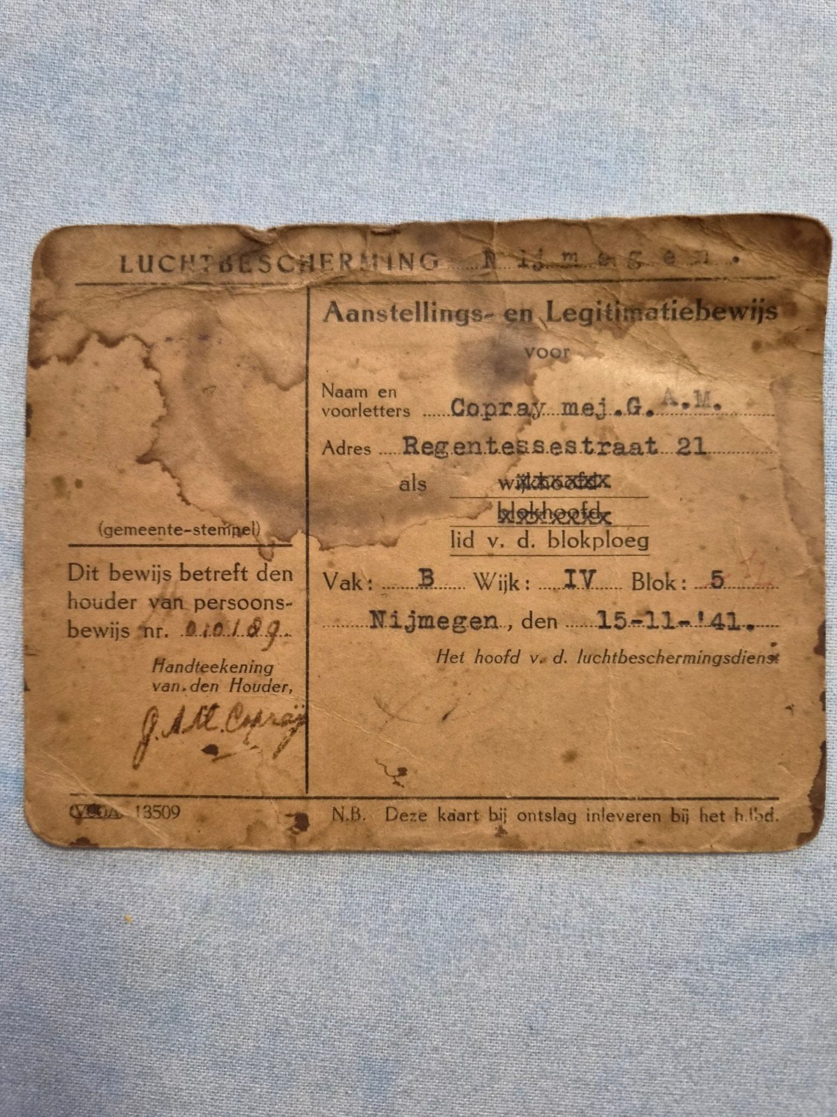 Lidmaatschapskaart Blokploeg Nijmegen WO2 - Luchtbescherming, Ophalen of Verzenden