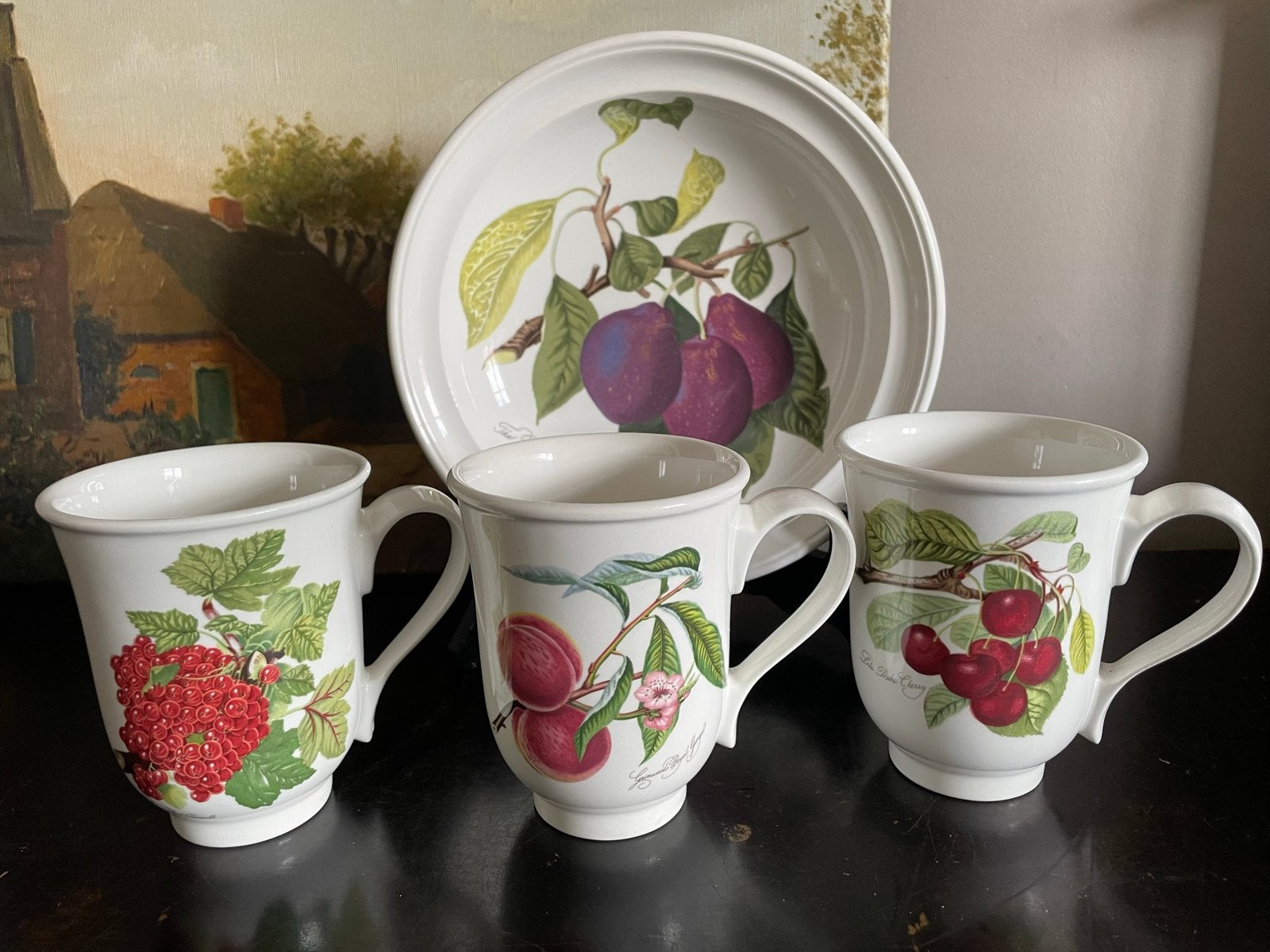 Portmeirion Pomona Mokken en  bord Fruitmotief, Huis en Inrichting, Overige merken, Klassiek, Ophalen of Verzenden, Zo goed als nieuw