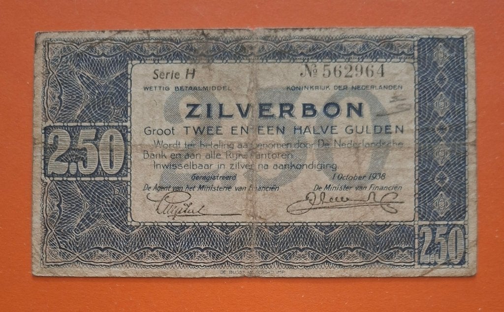 Zilverbon 2,5 gulden 1938 met 1 letter, cat. PL14.a /13-1a, Verzenden, 2½ gulden, Los biljet