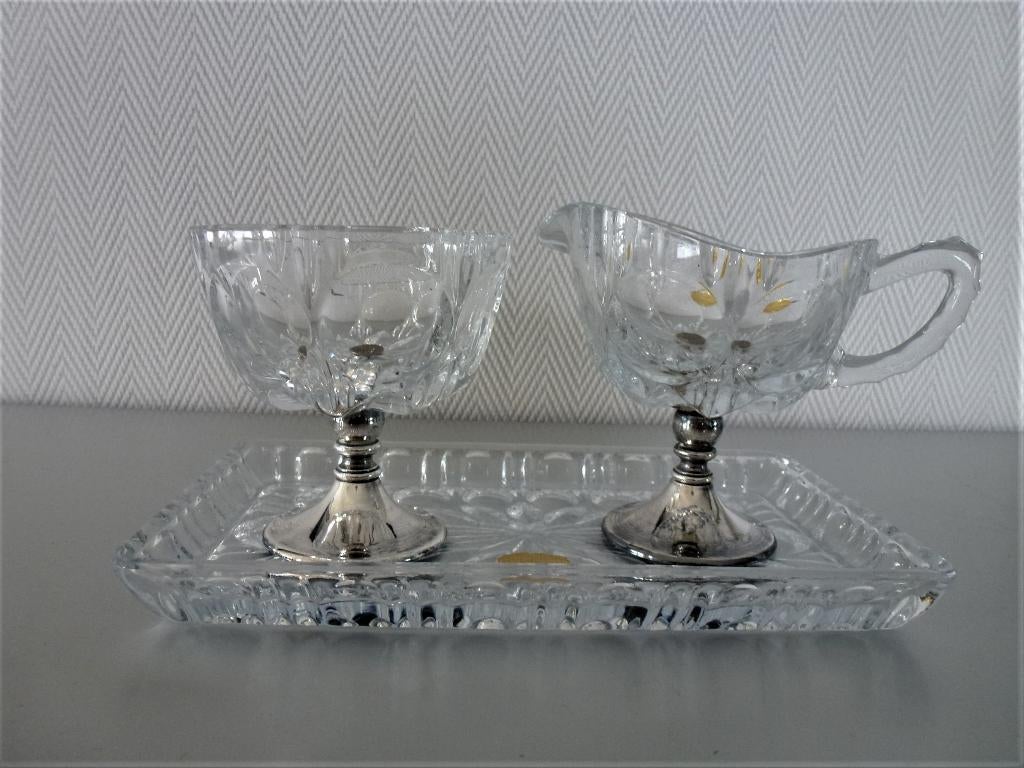 Art Deco roomstelletje van bleikristall, verzilverde voet, Ophalen of Verzenden