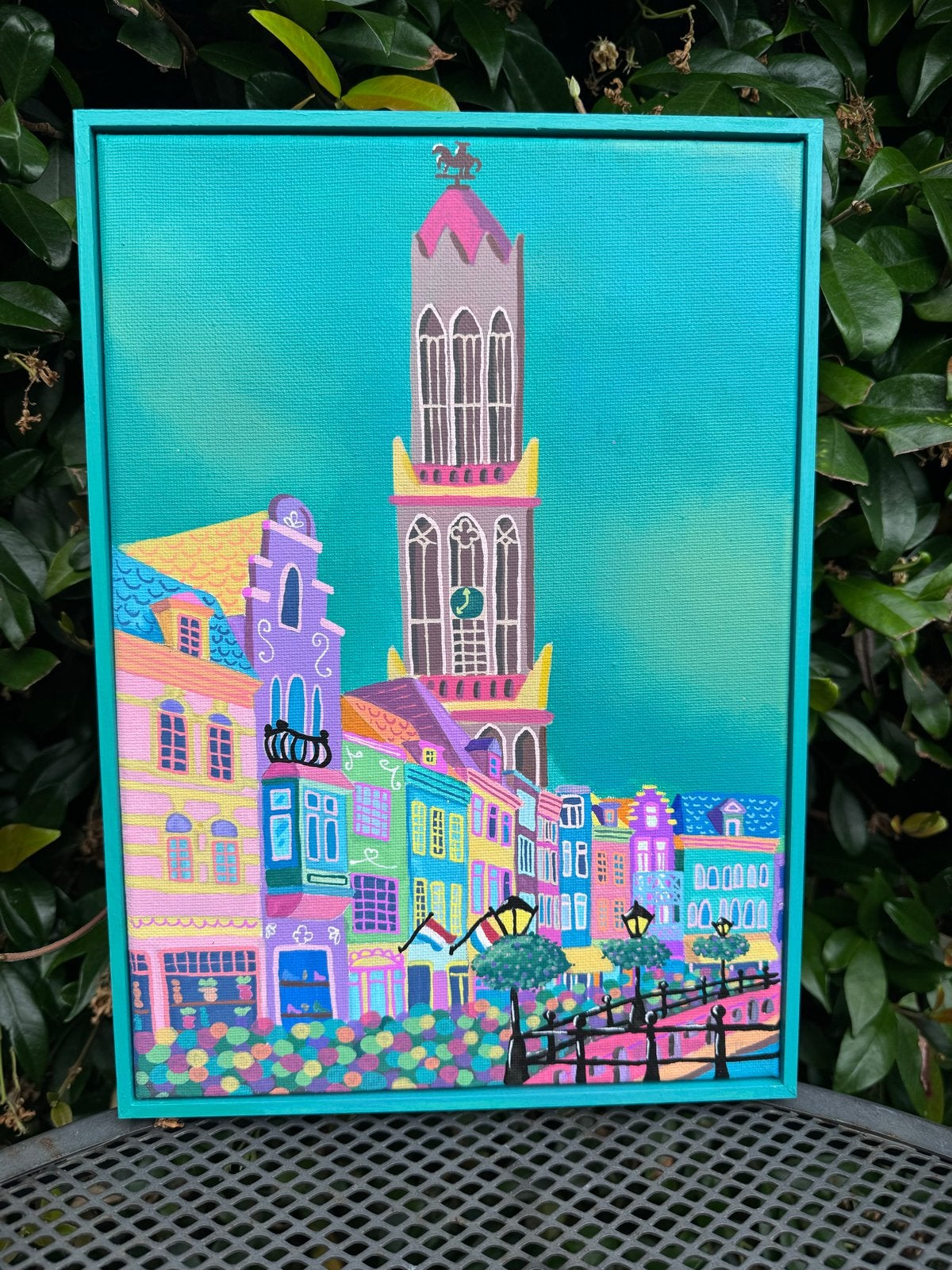 Kleurrijk schilderij Domtoren Utrecht (21x29,7cm), Antiek en Kunst, Kunst | Schilderijen | Modern, Acrylverf, Handgeschilderd