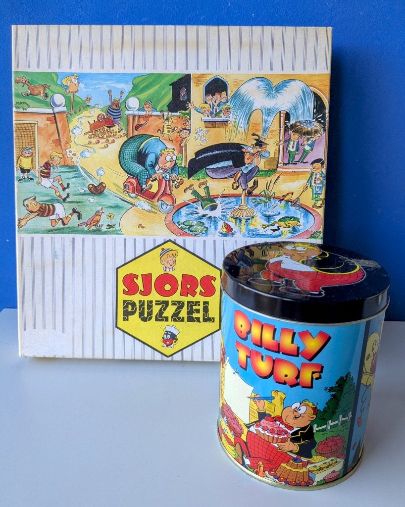 Billie Billy Turf puzzel & blikje/Sjors Eppo, Verzamelen, Stripfiguren, Ophalen of Verzenden, Kuifje, Gebruikt, Gebruiksvoorwerp