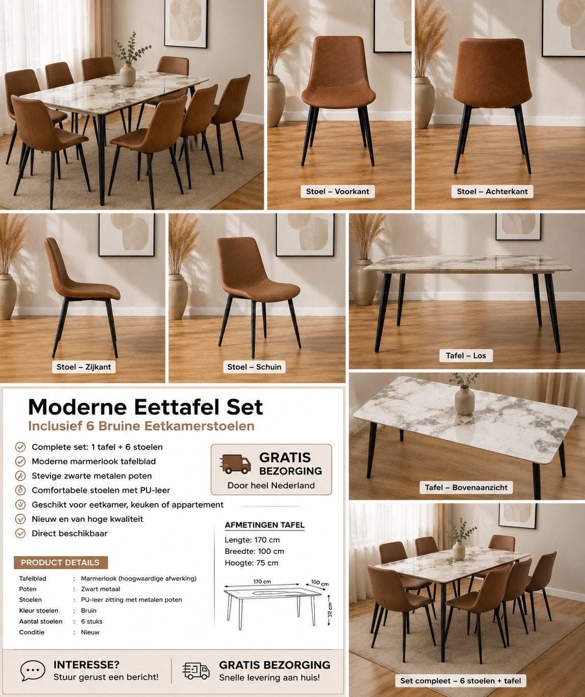 Nieuwe marmeren eettafel met 6 stoelen - Gratis bezorging, 100 tot 150 cm, Nieuw, Ophalen of Verzenden, Vijf personen of meer