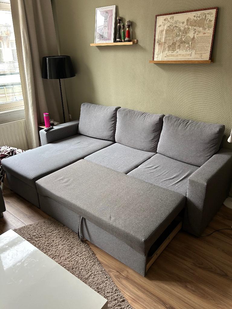 Bank met poef, Huis en Inrichting, Ophalen, Gebruikt, Stof, Grijs