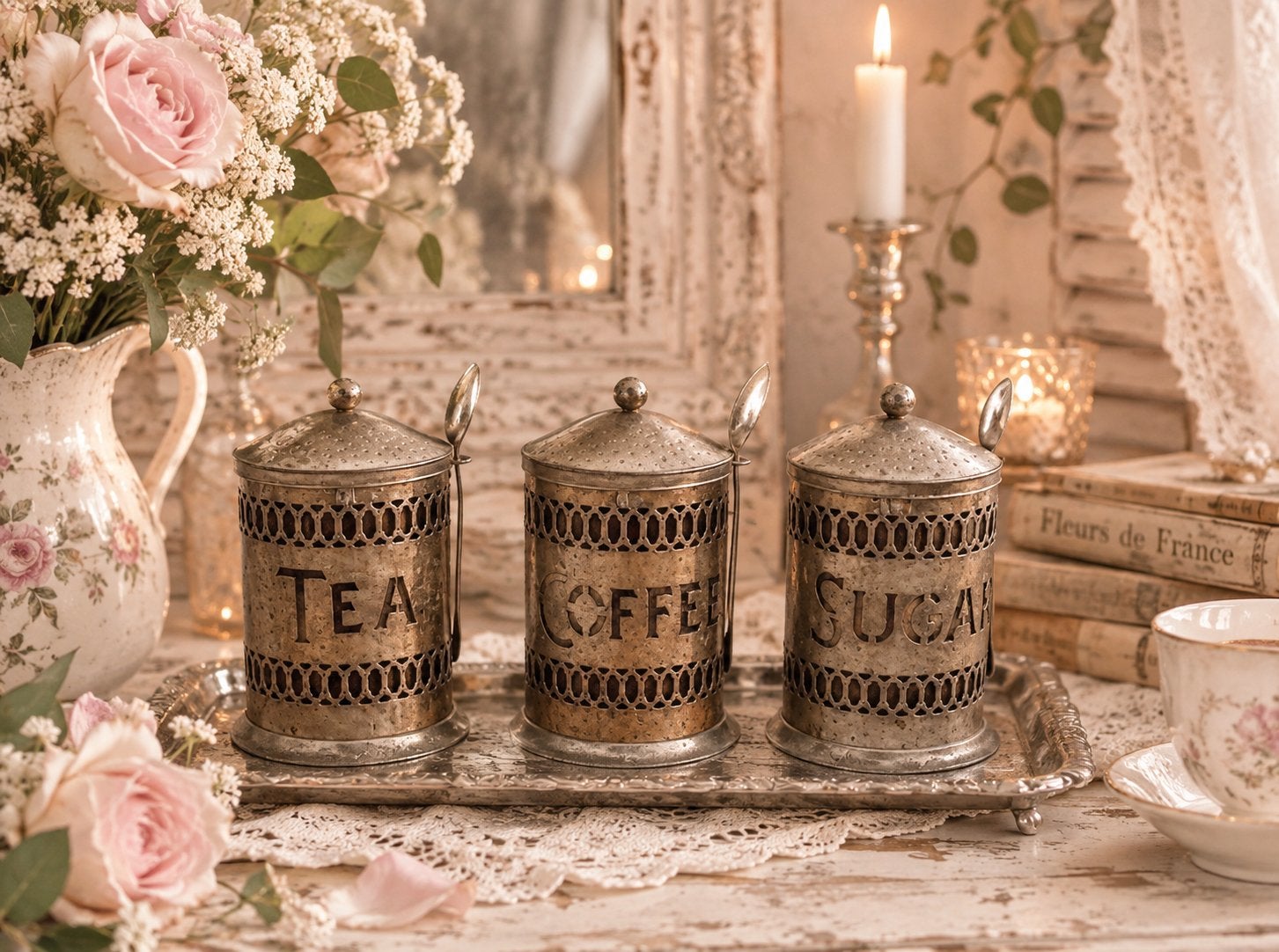 Antieke Thee, Koffie & Suiker Potten Set - Shabby Chic, Ophalen of Verzenden
