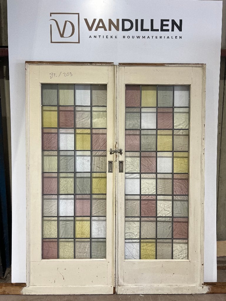 Set ensuite schuifdeuren met kleur glas in lood, Gebruikt, 120 cm of meer, Binnendeur, Ophalen of Verzenden