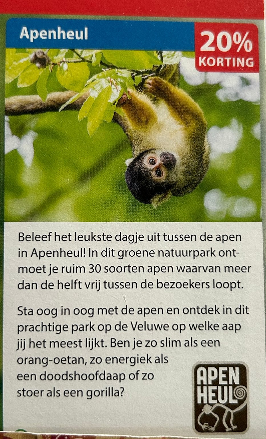 Apenheul met korting Bijna Gratis, Tickets en Kaartjes, Eén persoon, Kortingsbon