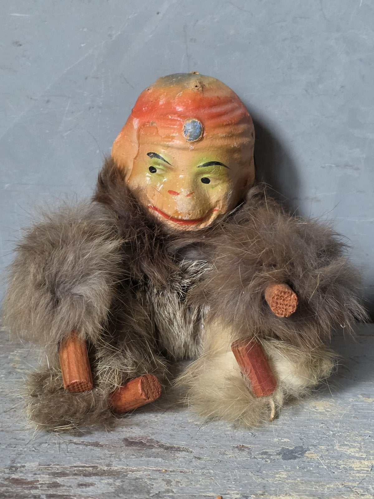 Antiek kermis / vingerpop aapje ( papier-maché met bont), Antiek en Kunst, Ophalen of Verzenden