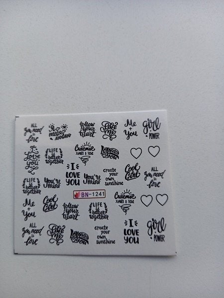 Velletje nagel water decals stickers BN-1241 love girl hart, Zwart, Nieuw, Ophalen of Verzenden, Handen en Nagels