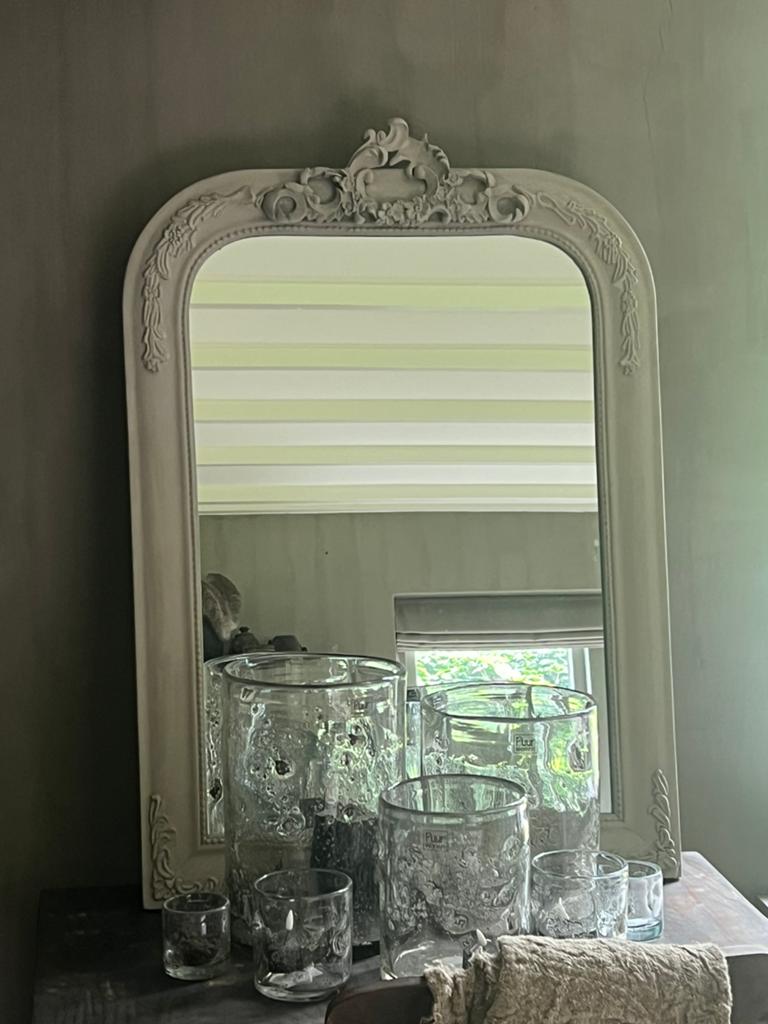 Landelijke, sobere, brocante barok/kuifspiegel, Ophalen, Zo goed als nieuw, Minder dan 100 cm, Rechthoekig