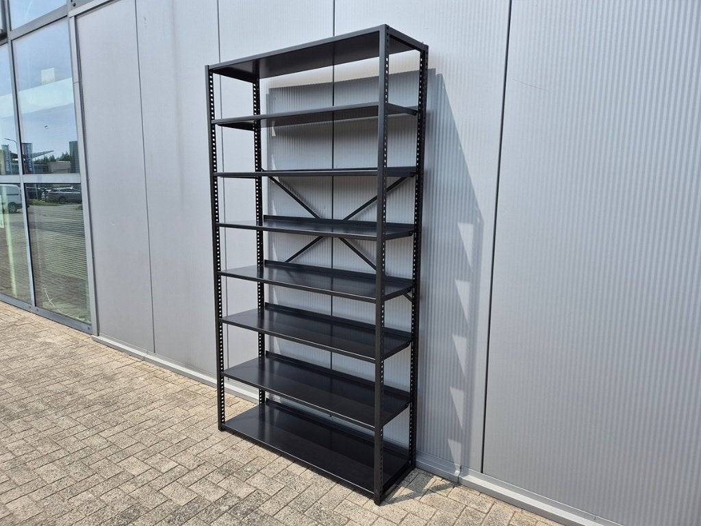 Nette Zwarte Legbordstelling 40cm diep Gebruikt Stelling, Bedrijfsinrichting Nederland, Zo goed als nieuw, Info@bedrijfsinrichtingnederland.nl